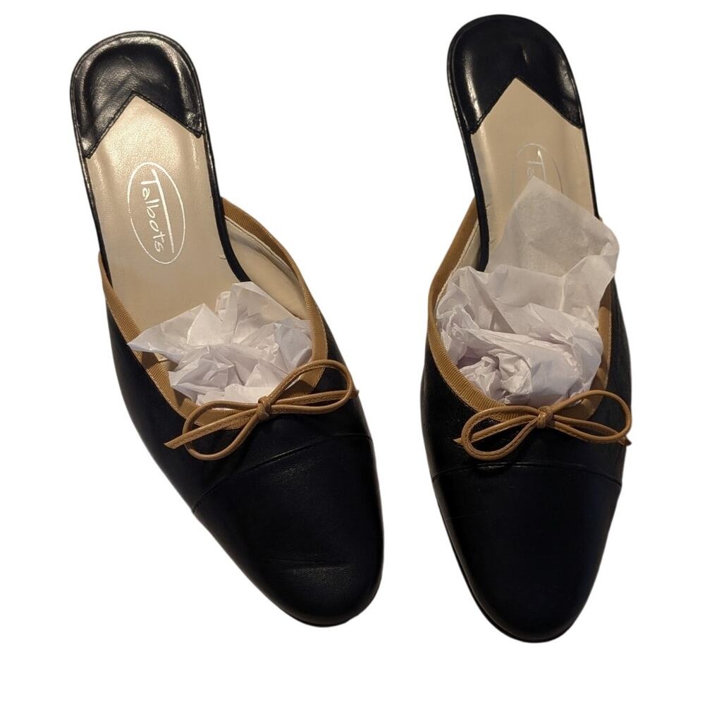Vintage Talbot's Navy Round Toe Tan Bow Kitten Heel Mule Womens Sze 8.5M